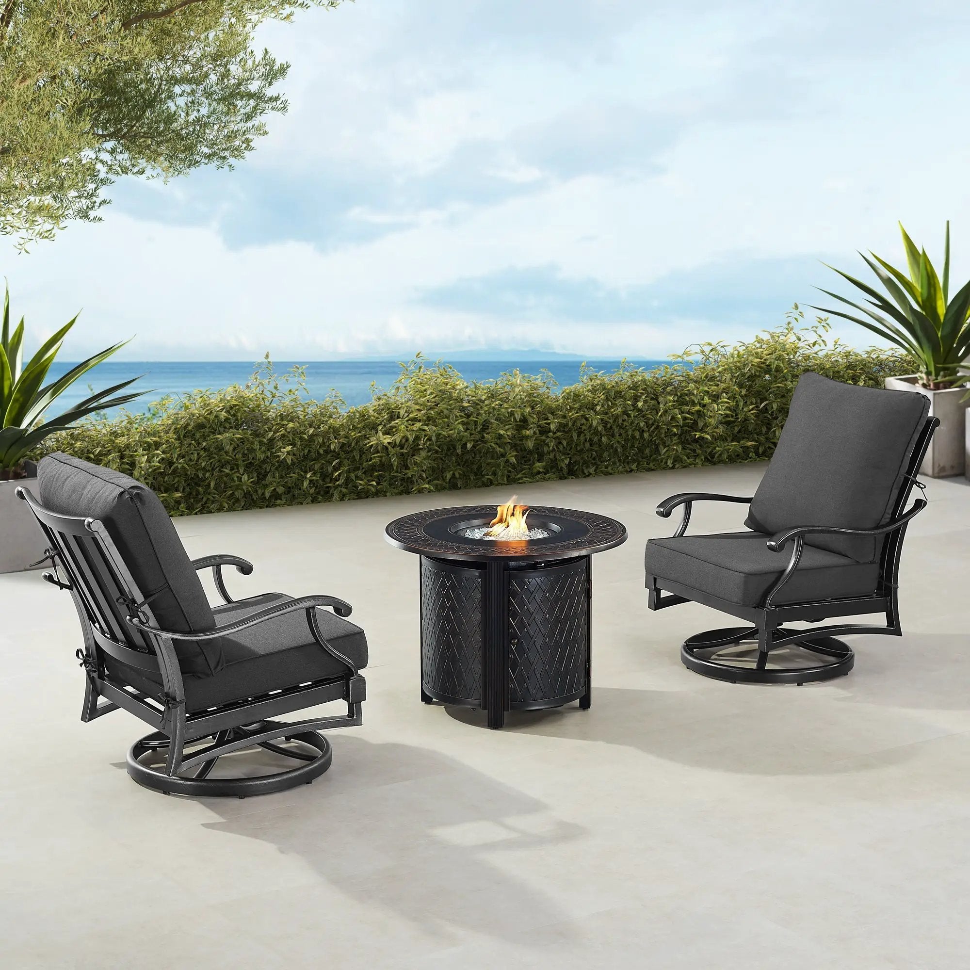 Black Aluminum Fire Table Bistro Set with Two Club Chairs by Sharicks