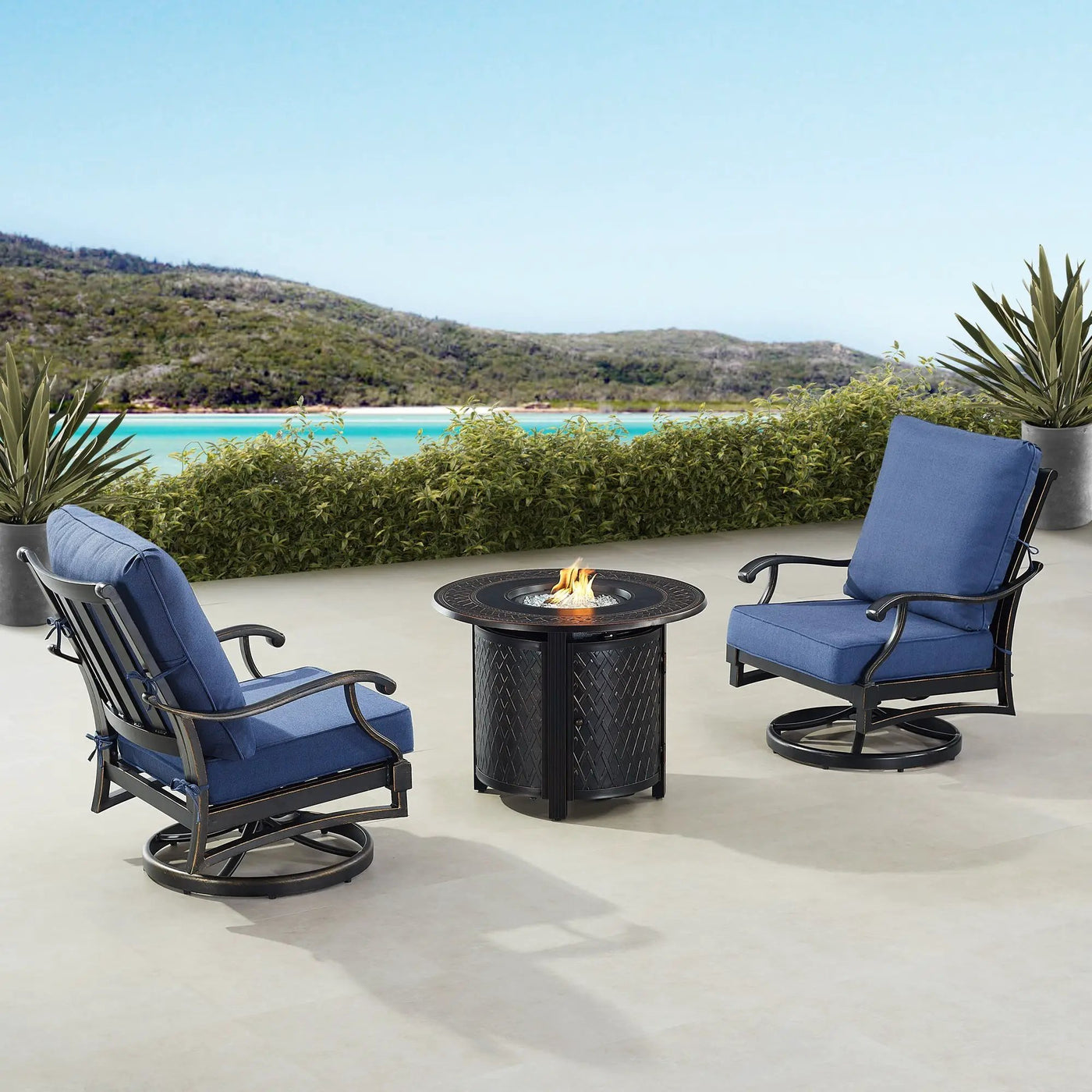 Black Aluminum Fire Table Bistro Set with Two Club Chairs by Sharicks