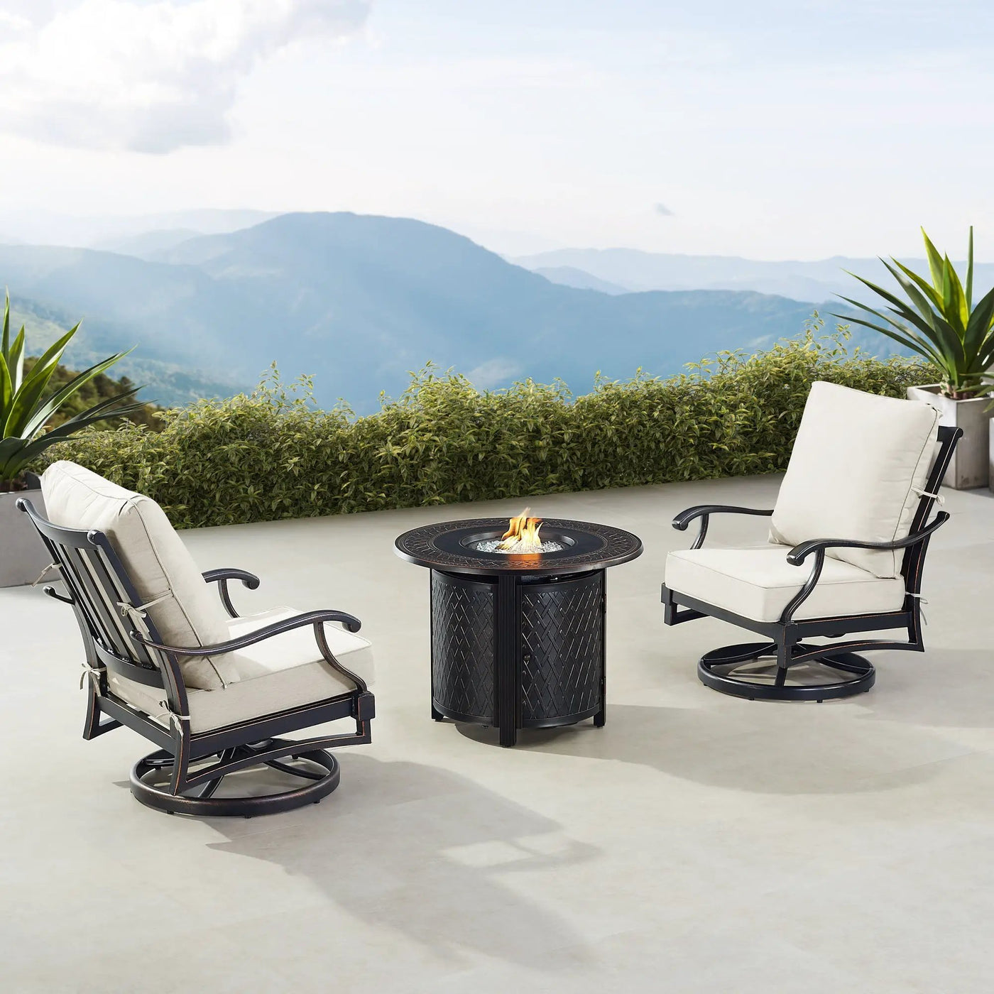 Black Aluminum Fire Table Bistro Set with Two Club Chairs by Sharicks