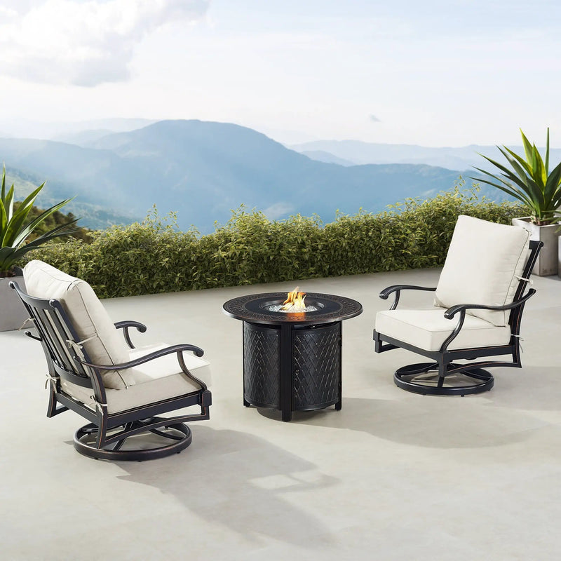 Black Aluminum Fire Table Bistro Set with Two Club Chairs by Sharicks