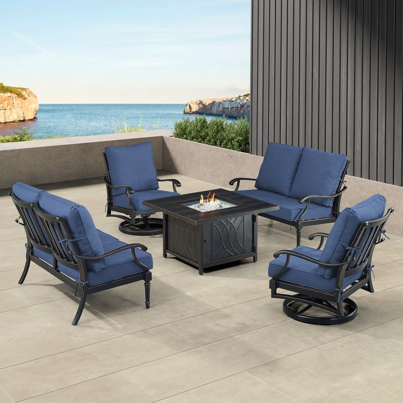 Black Aluminum Fire Table Set with Two Loveseats and Two Club Chairs by Sharicks