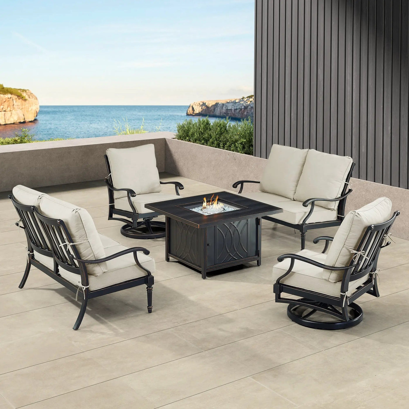 Black Aluminum Fire Table Set with Two Loveseats and Two Club Chairs by Sharicks
