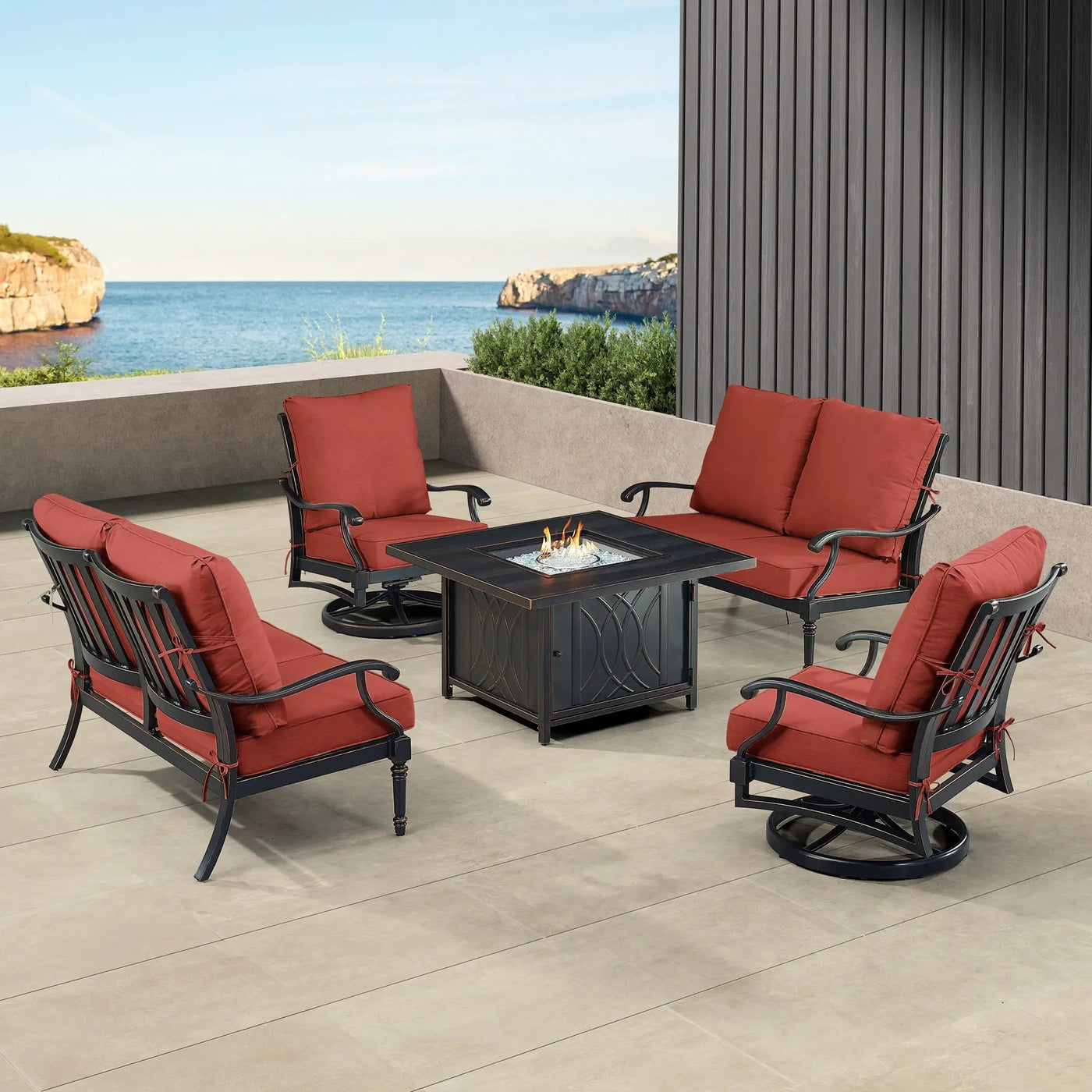 Black Aluminum Fire Table Set with Two Loveseats and Two Club Chairs by Sharicks