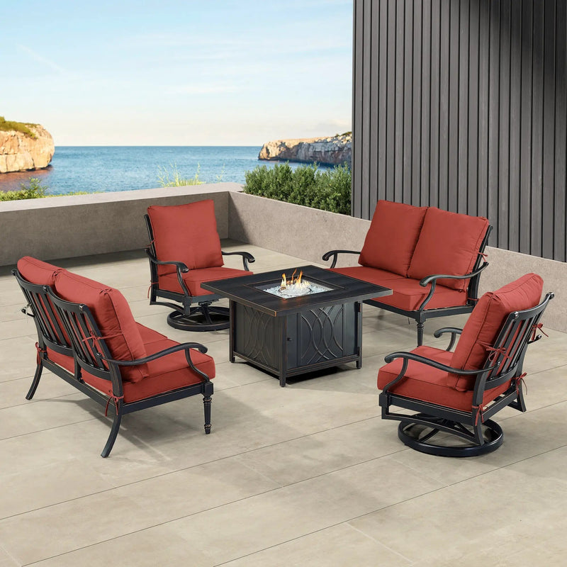 Black Aluminum Fire Table Set with Two Loveseats and Two Club Chairs by Sharicks