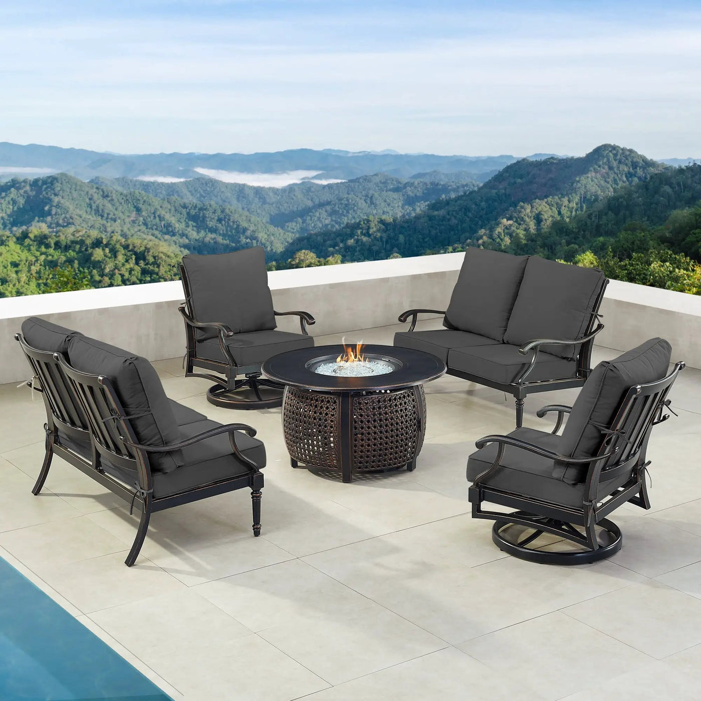 Black Aluminum Fire Table Set with Two Loveseats and Two Club Chairs by Sharicks