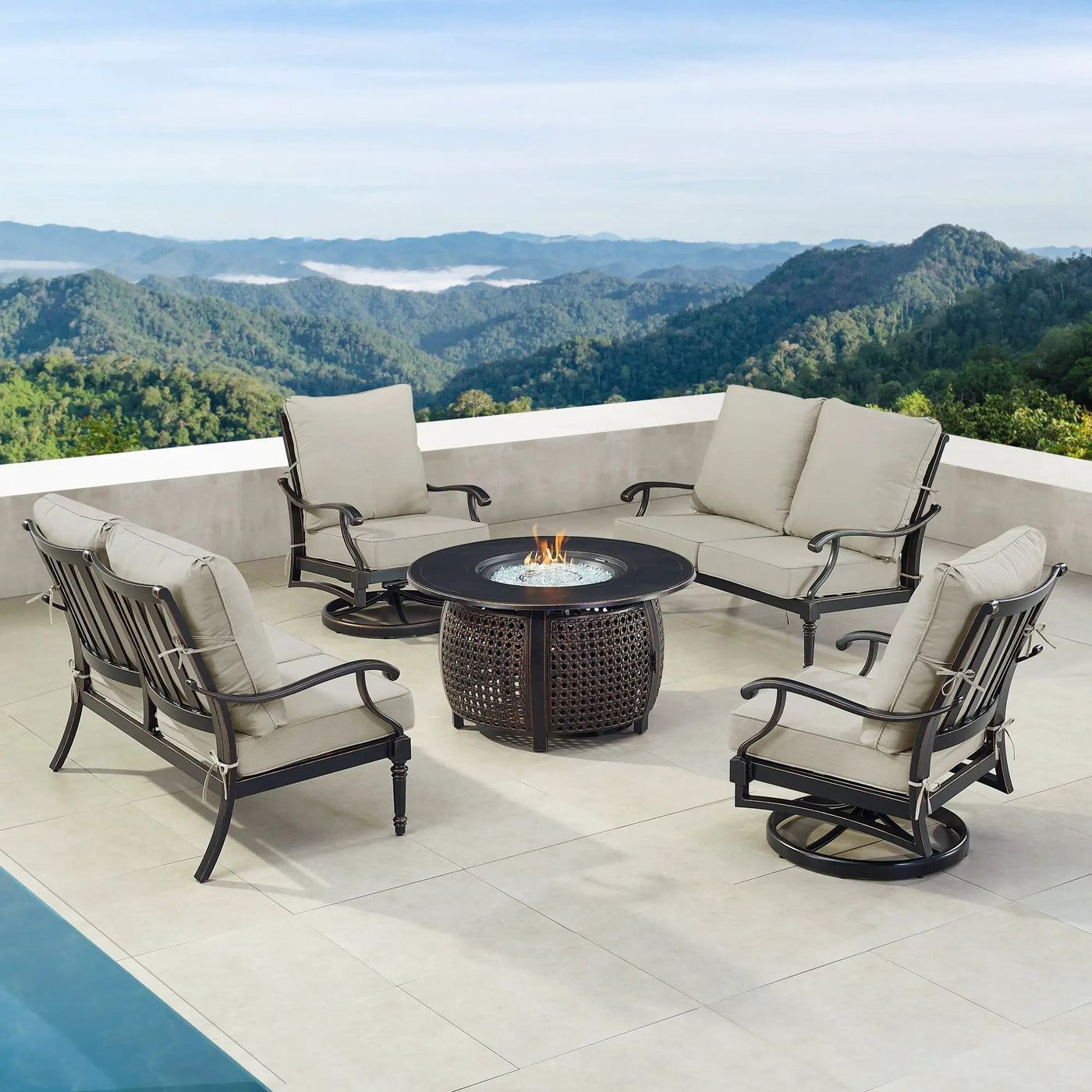 Black Aluminum Fire Table Set with Two Loveseats and Two Club Chairs by Sharicks