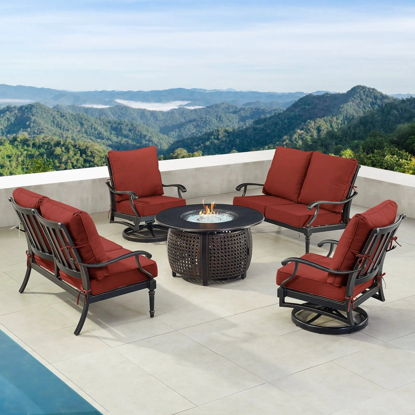 Black Aluminum Fire Table Set with Two Loveseats and Two Club Chairs by Sharicks