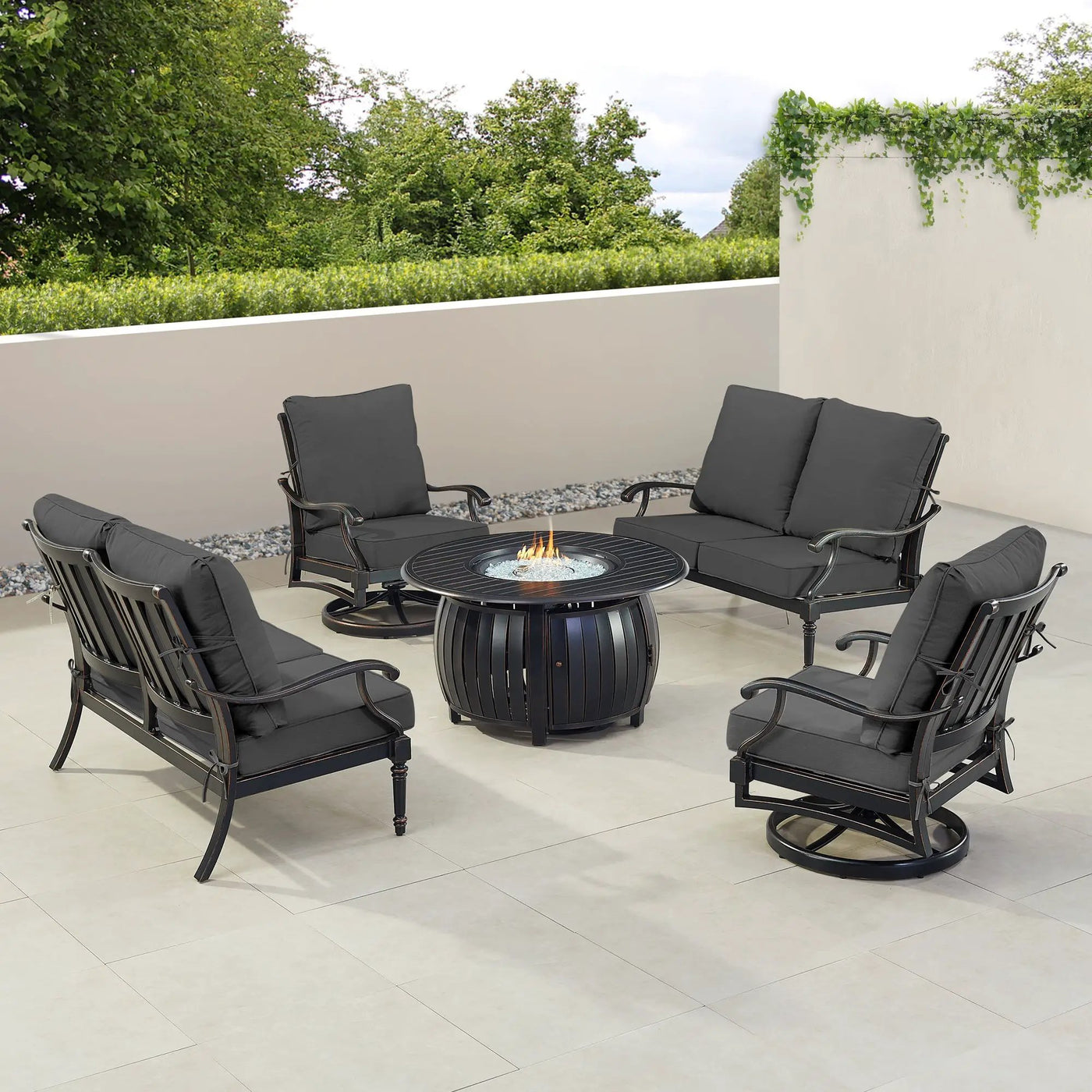 Black Aluminum Fire Table Set with Two Loveseats and Two Club Chairs by Sharicks