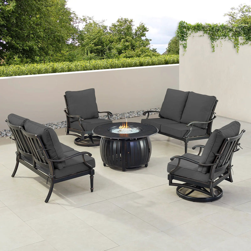 Black Aluminum Fire Table Set with Two Loveseats and Two Club Chairs by Sharicks