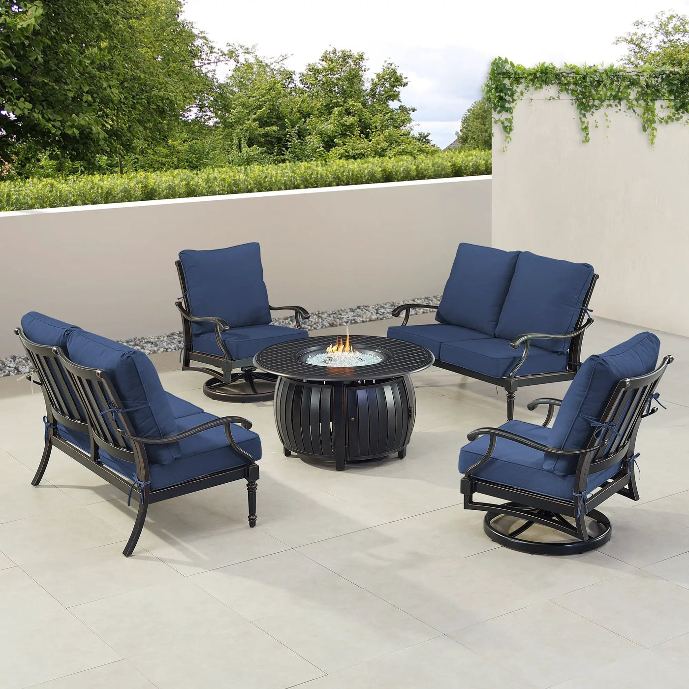 Black Aluminum Fire Table Set with Two Loveseats and Two Club Chairs by Sharicks