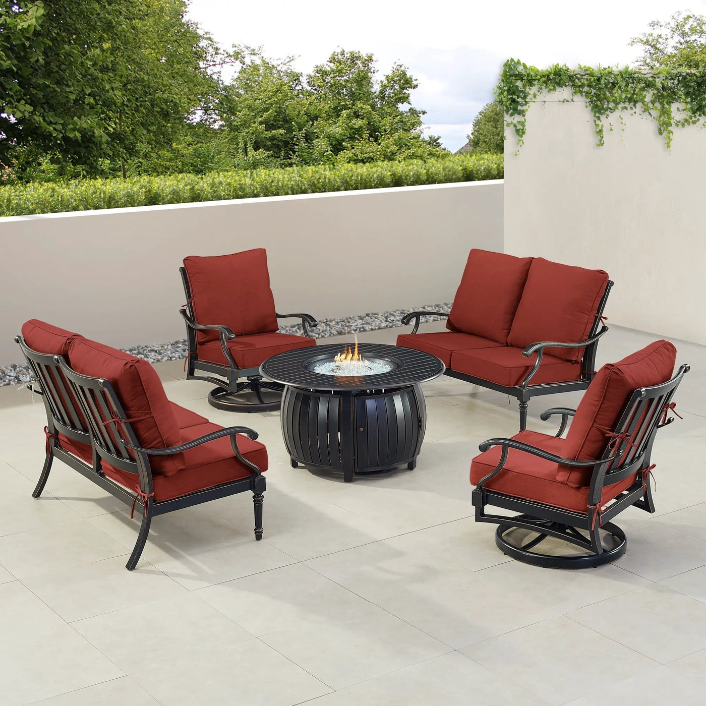 Black Aluminum Fire Table Set with Two Loveseats and Two Club Chairs by Sharicks