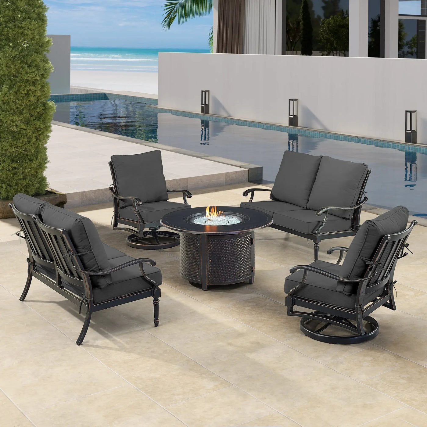 Black Aluminum Fire Table Set with Two Loveseats and Two Club Chairs by Sharicks