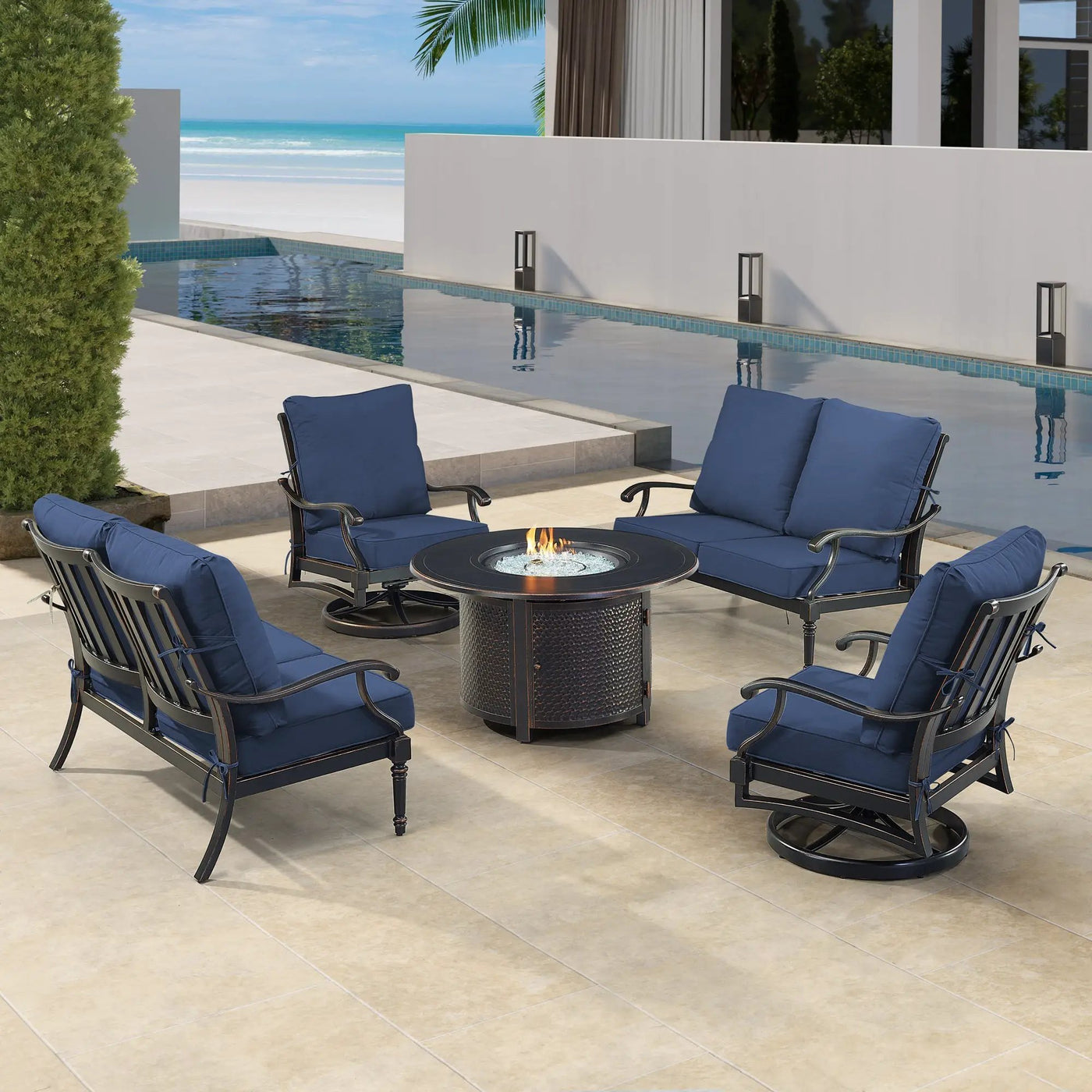 Black Aluminum Fire Table Set with Two Loveseats and Two Club Chairs by Sharicks