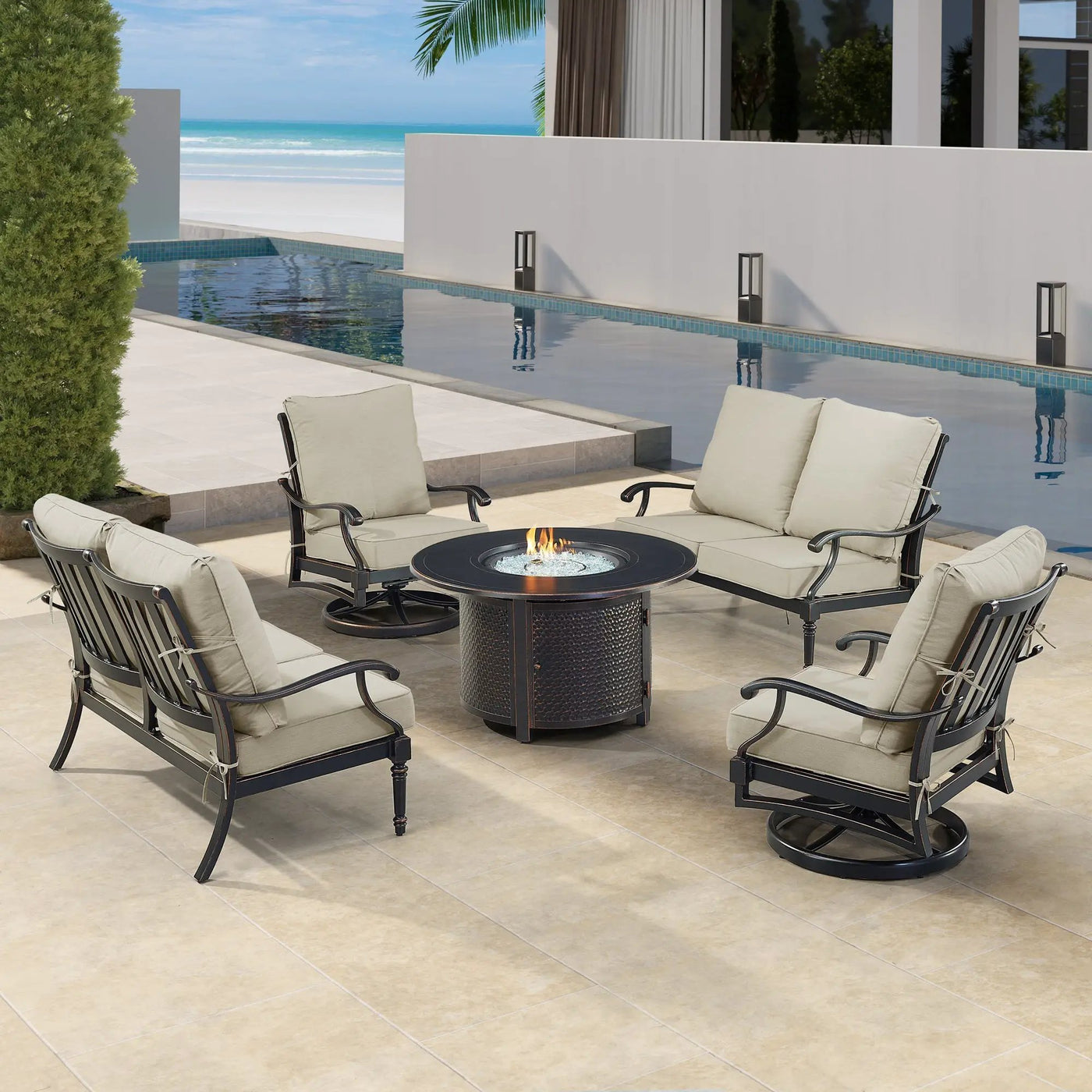 Black Aluminum Fire Table Set with Two Loveseats and Two Club Chairs by Sharicks