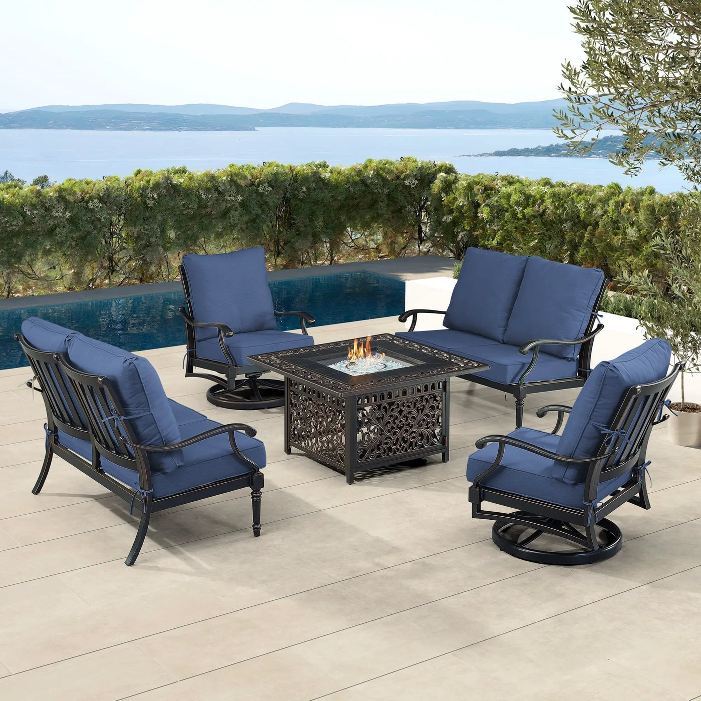 Black Aluminum Fire Table Set with Two Loveseats and Two Club Chairs by Sharicks