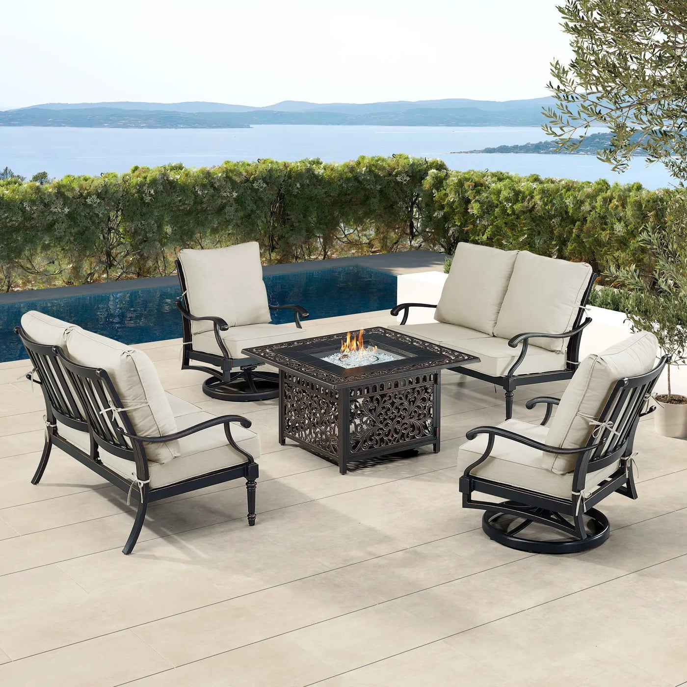 Black Aluminum Fire Table Set with Two Loveseats and Two Club Chairs by Sharicks