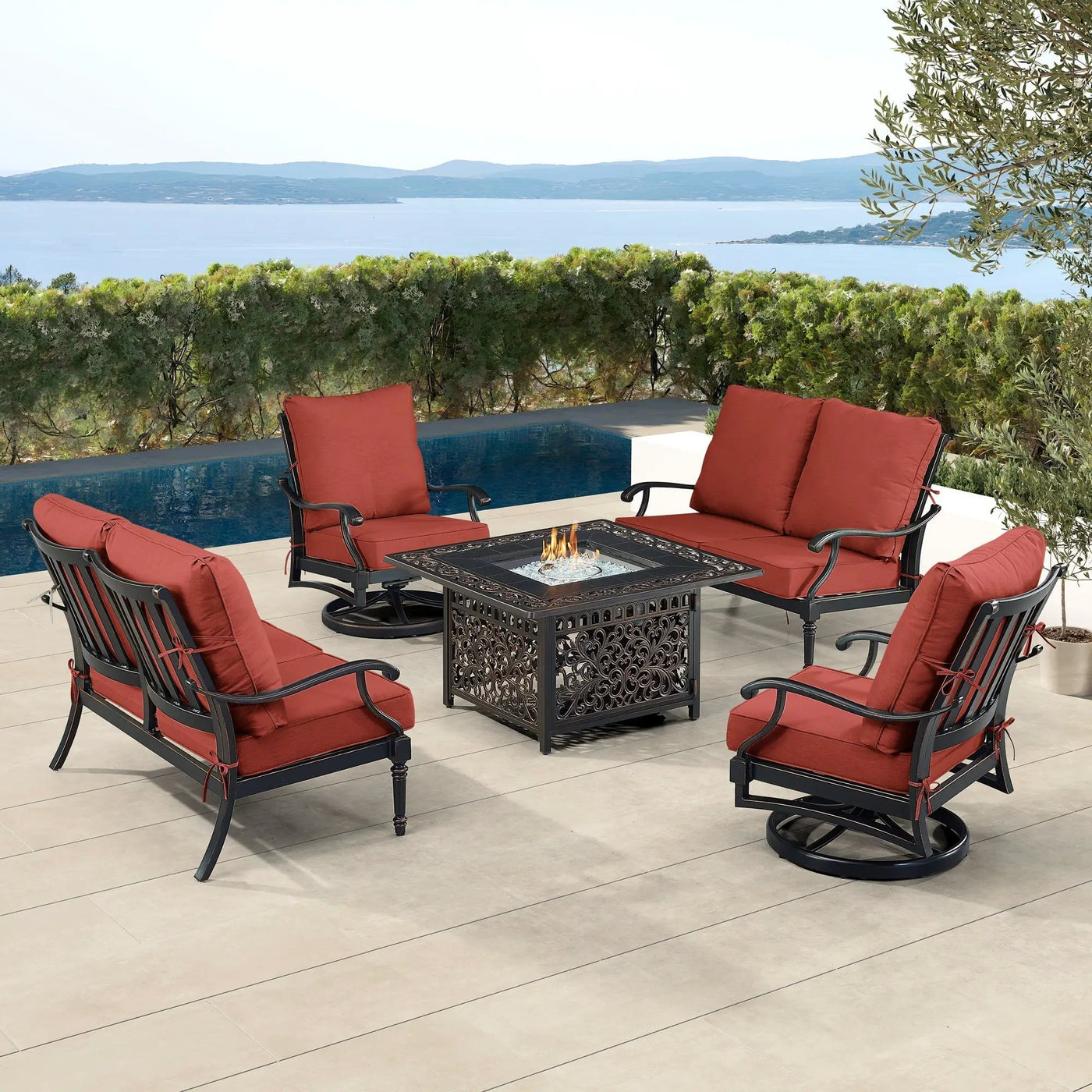 Black Aluminum Fire Table Set with Two Loveseats and Two Club Chairs by Sharicks