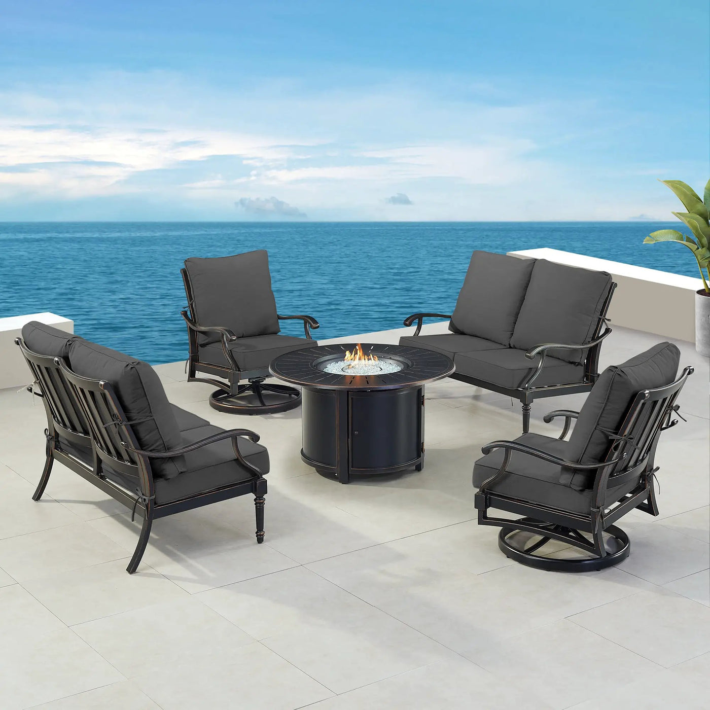 Black Aluminum Fire Table Set with Two Loveseats and Two Club Chairs by Sharicks