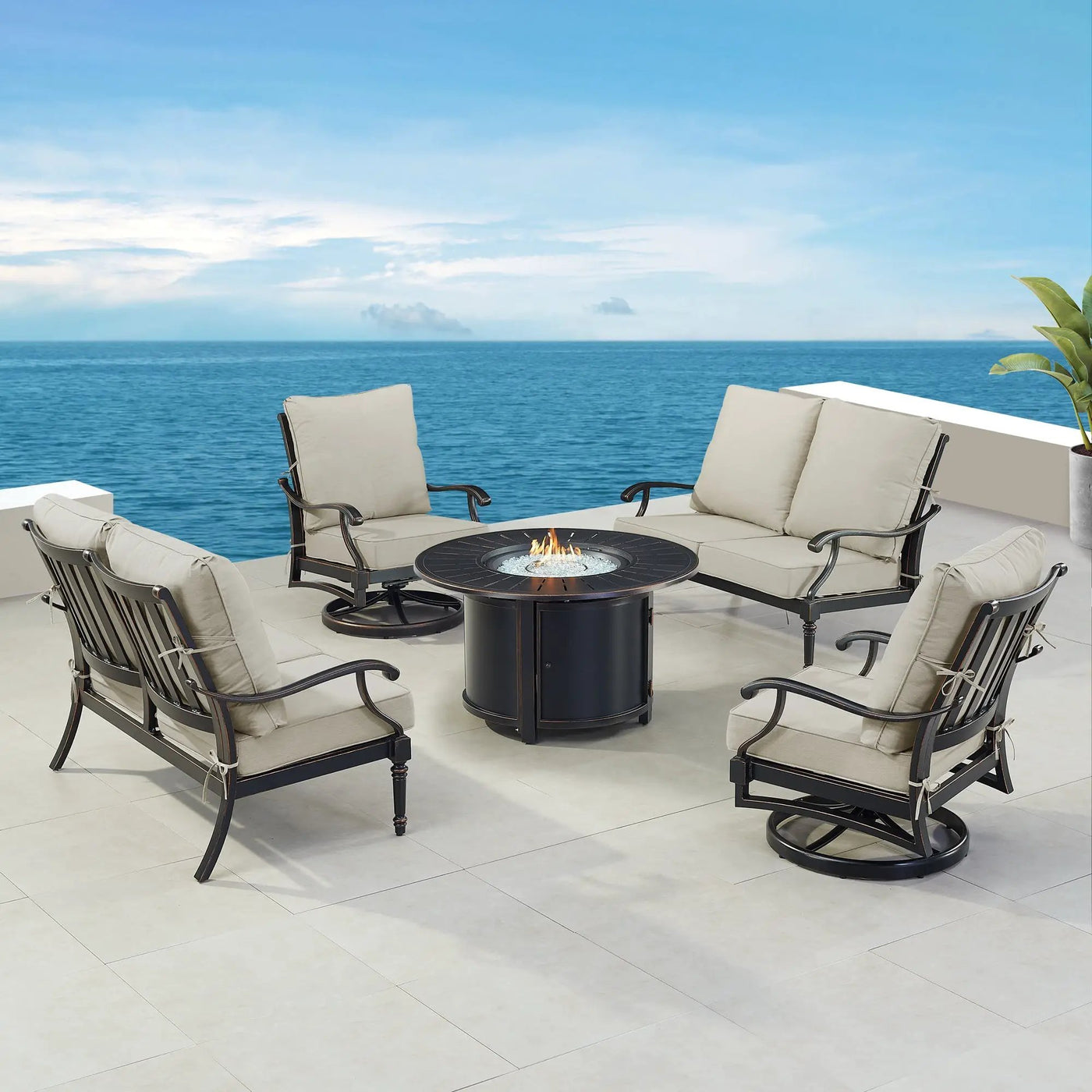 Black Aluminum Fire Table Set with Two Loveseats and Two Club Chairs by Sharicks