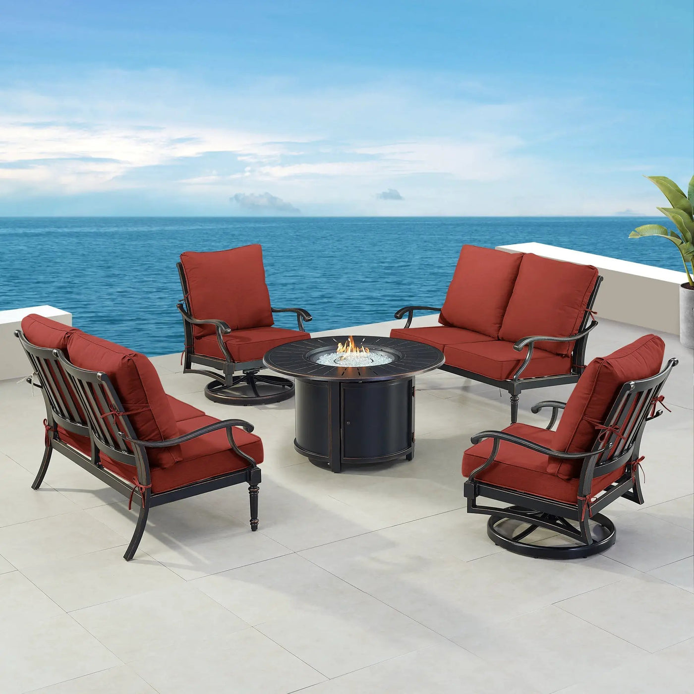 Black Aluminum Fire Table Set with Two Loveseats and Two Club Chairs by Sharicks