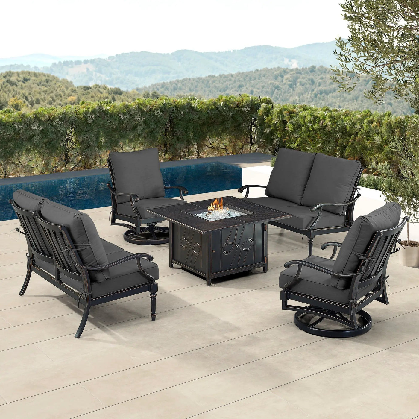 Black Aluminum Fire Table Set with Two Loveseats and Two Club Chairs by Sharicks