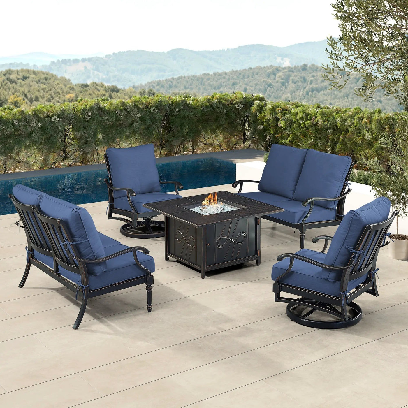 Black Aluminum Fire Table Set with Two Loveseats and Two Club Chairs by Sharicks