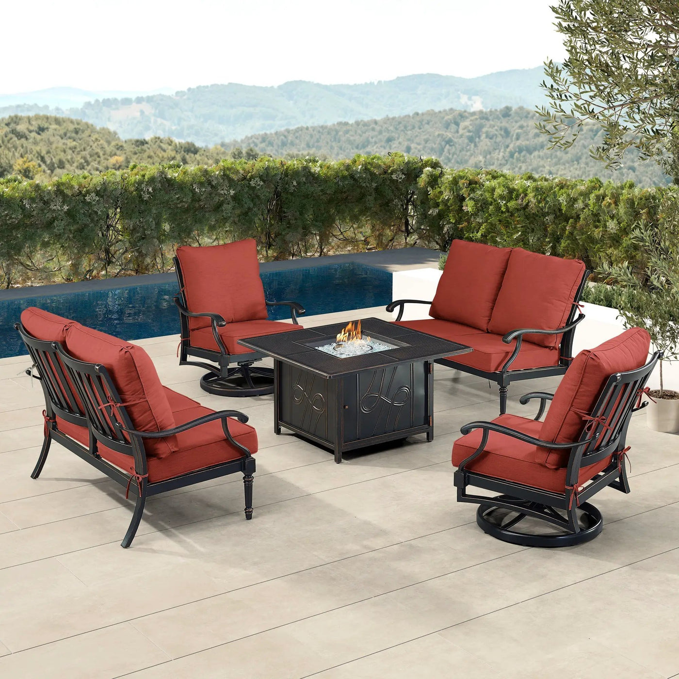 Black Aluminum Fire Table Set with Two Loveseats and Two Club Chairs by Sharicks