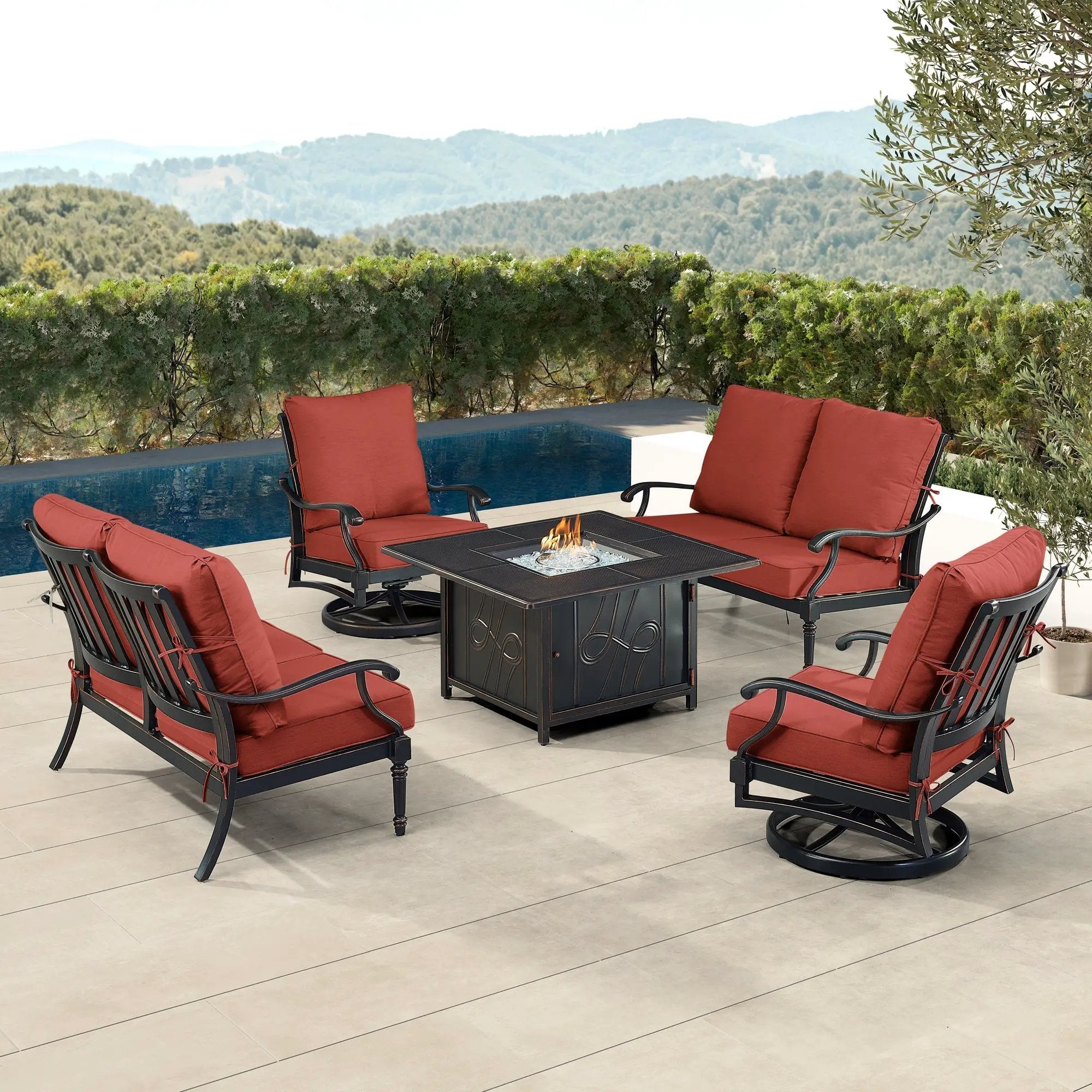Black Aluminum Fire Table Set with Two Loveseats and Two Club Chairs by Sharicks