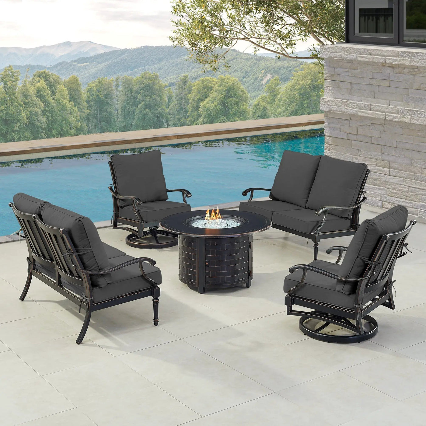 Black Aluminum Fire Table Set with Two Loveseats and Two Club Chairs by Sharicks