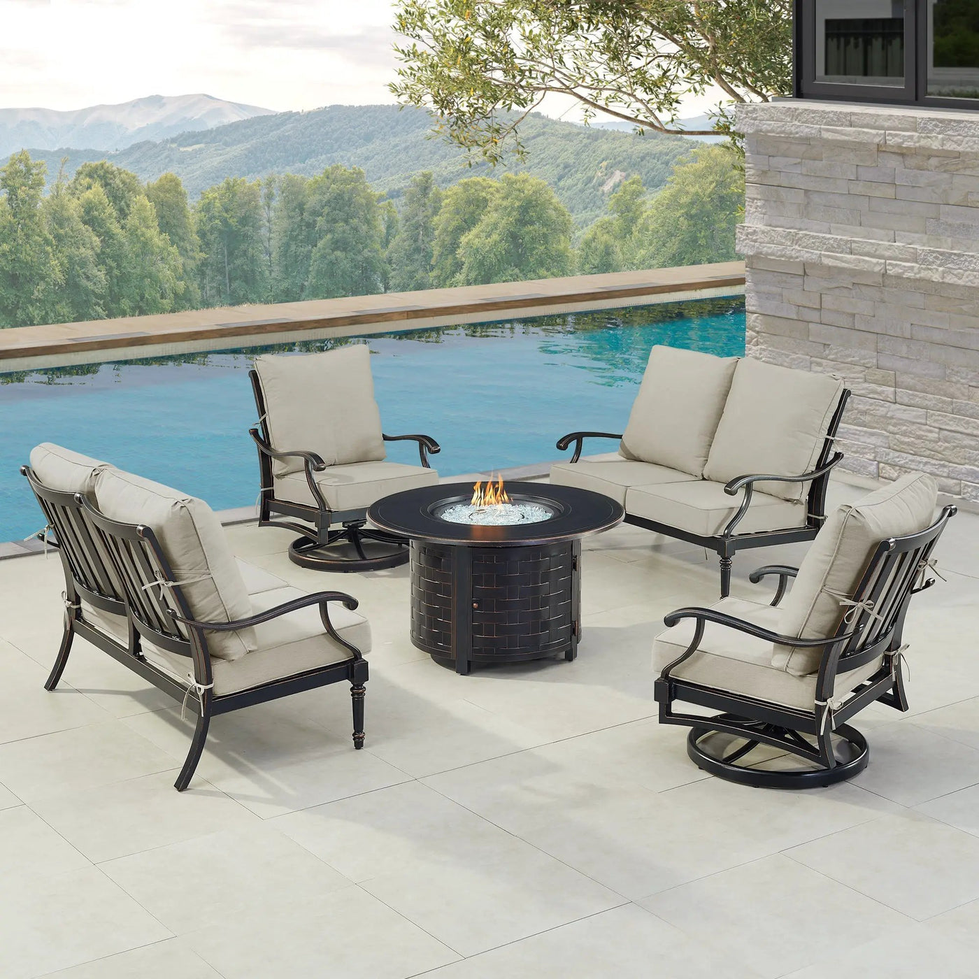 Black Aluminum Fire Table Set with Two Loveseats and Two Club Chairs by Sharicks