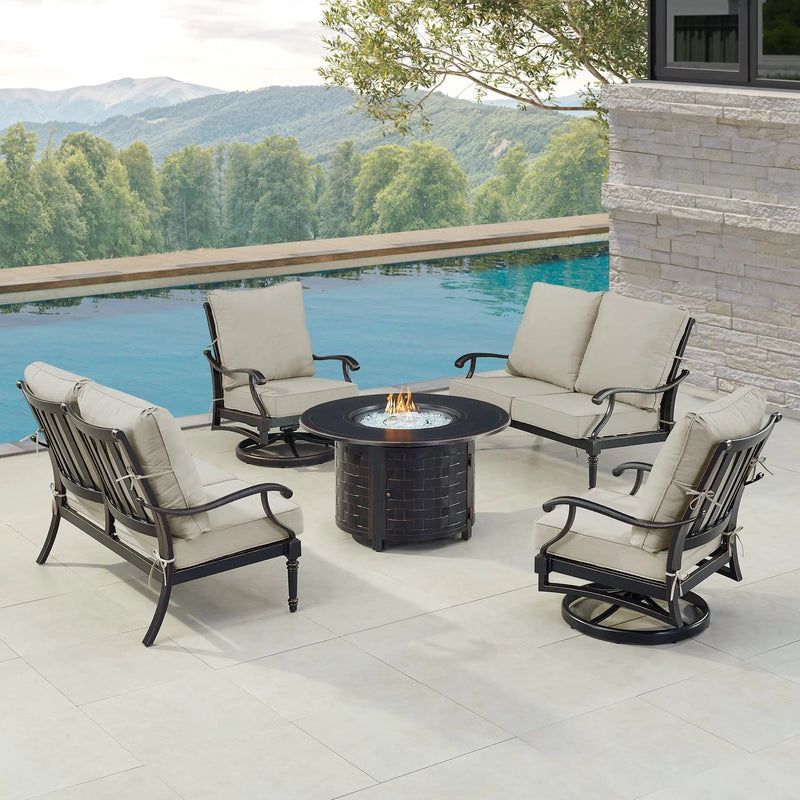 Black Aluminum Fire Table Set with Two Loveseats and Two Club Chairs by Sharicks