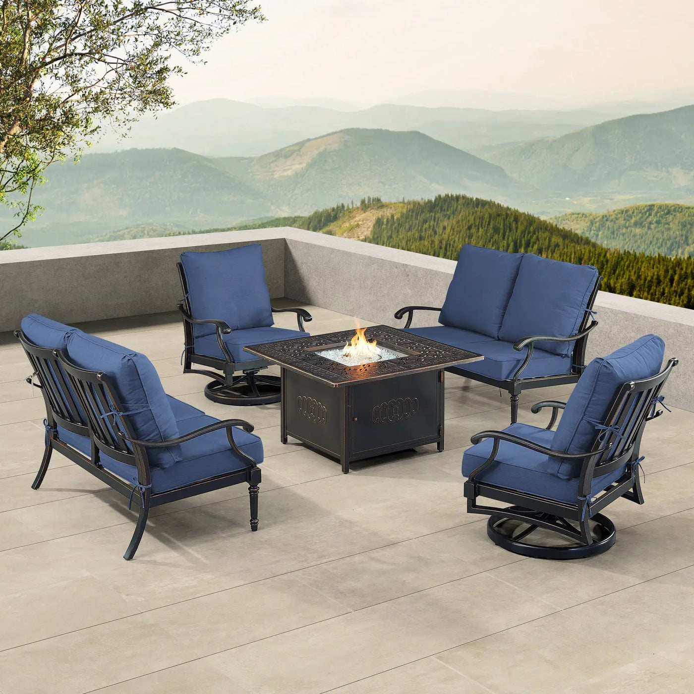Black Aluminum Fire Table Set with Two Loveseats and Two Club Chairs by Sharicks