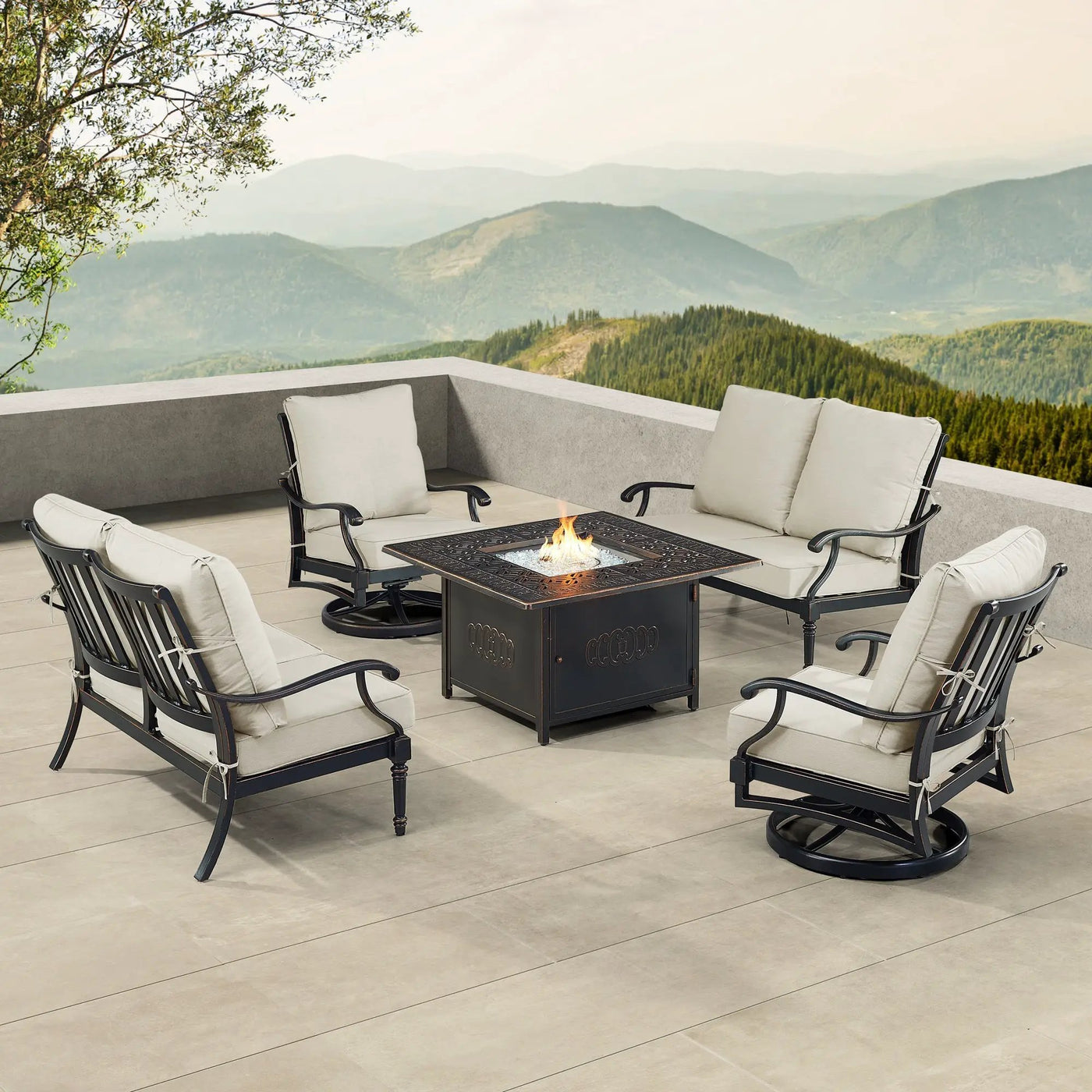 Black Aluminum Fire Table Set with Two Loveseats and Two Club Chairs by Sharicks