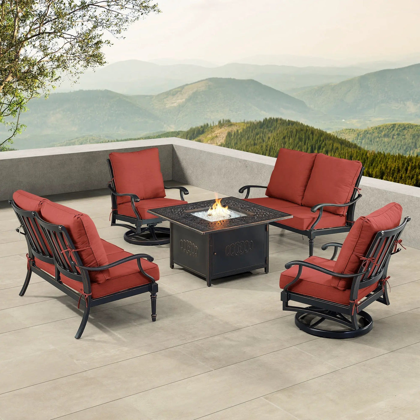 Black Aluminum Fire Table Set with Two Loveseats and Two Club Chairs by Sharicks