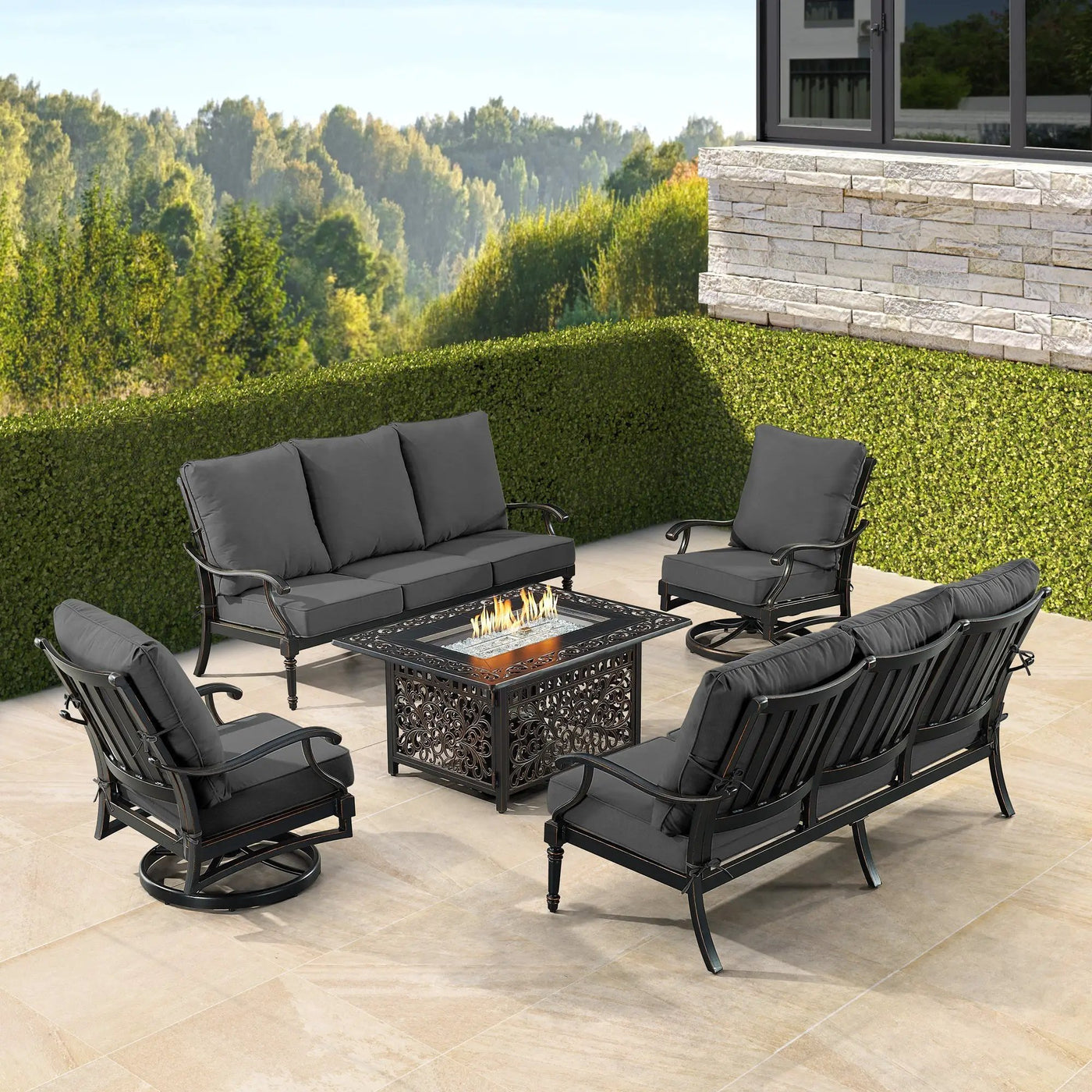 Black Aluminum Fire Table Set with Two Sofas and Two Club Chairs by Sharicks