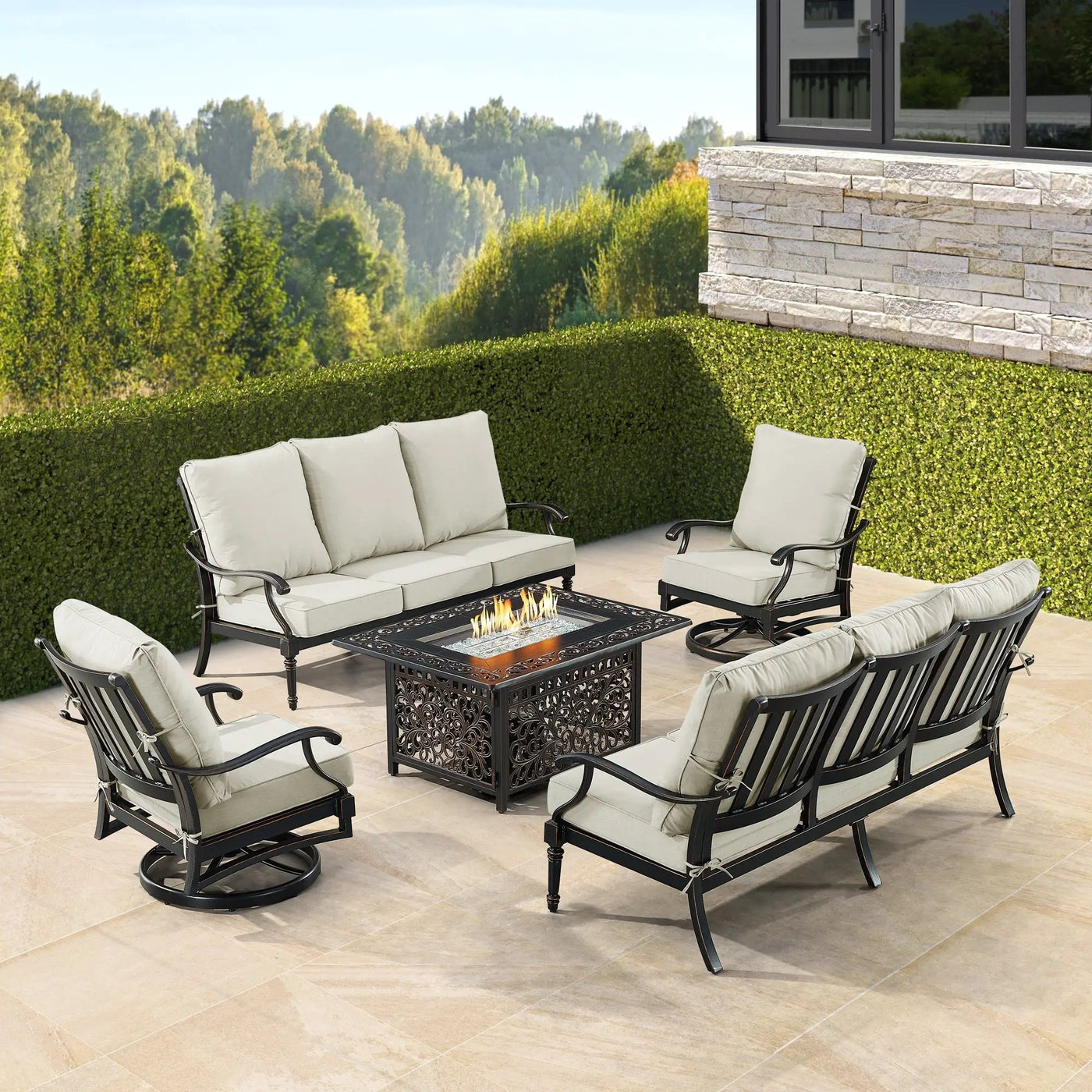 Black Aluminum Fire Table Set with Two Sofas and Two Club Chairs by Sharicks