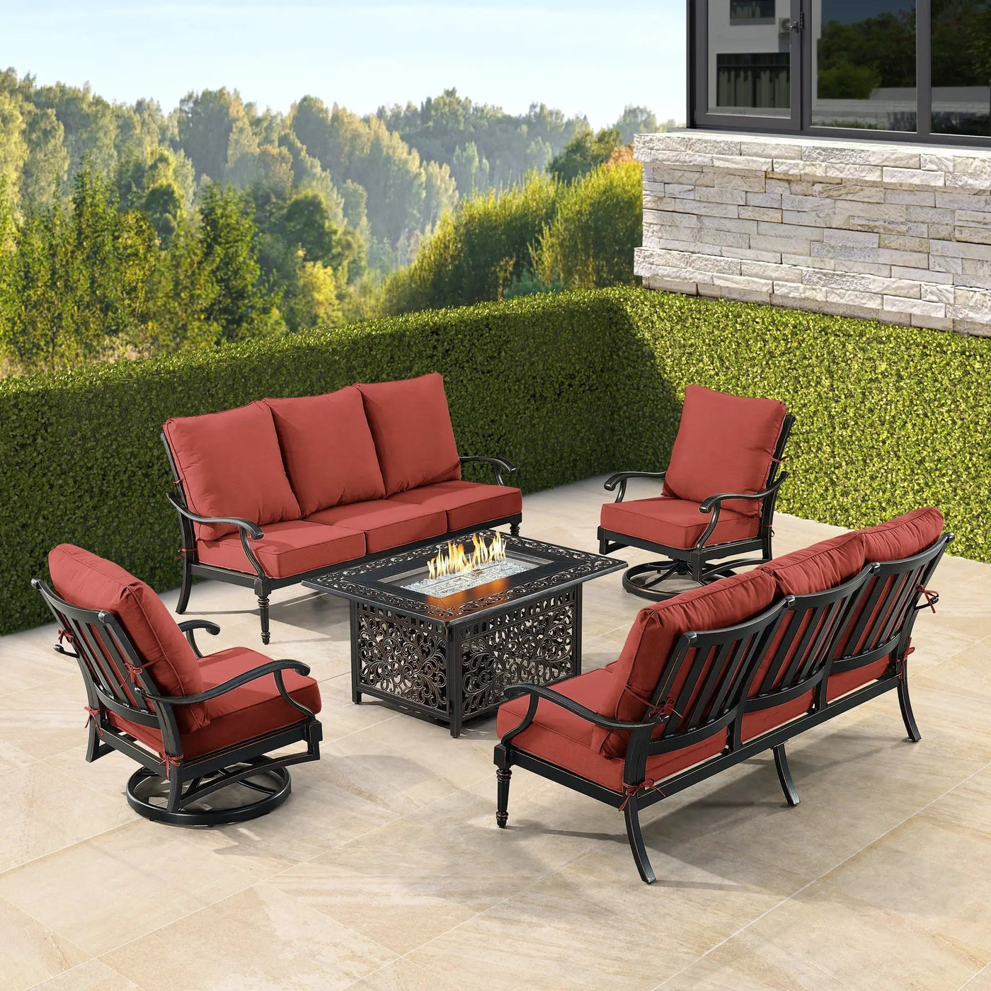 Black Aluminum Fire Table Set with Two Sofas and Two Club Chairs by Sharicks
