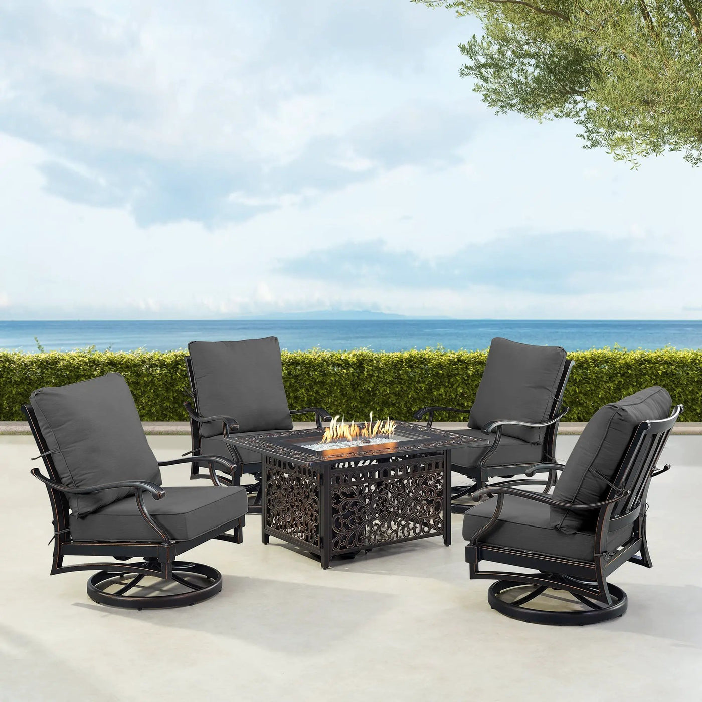 Black Aluminum Fire Table Set with Four Club Chairs by Sharicks