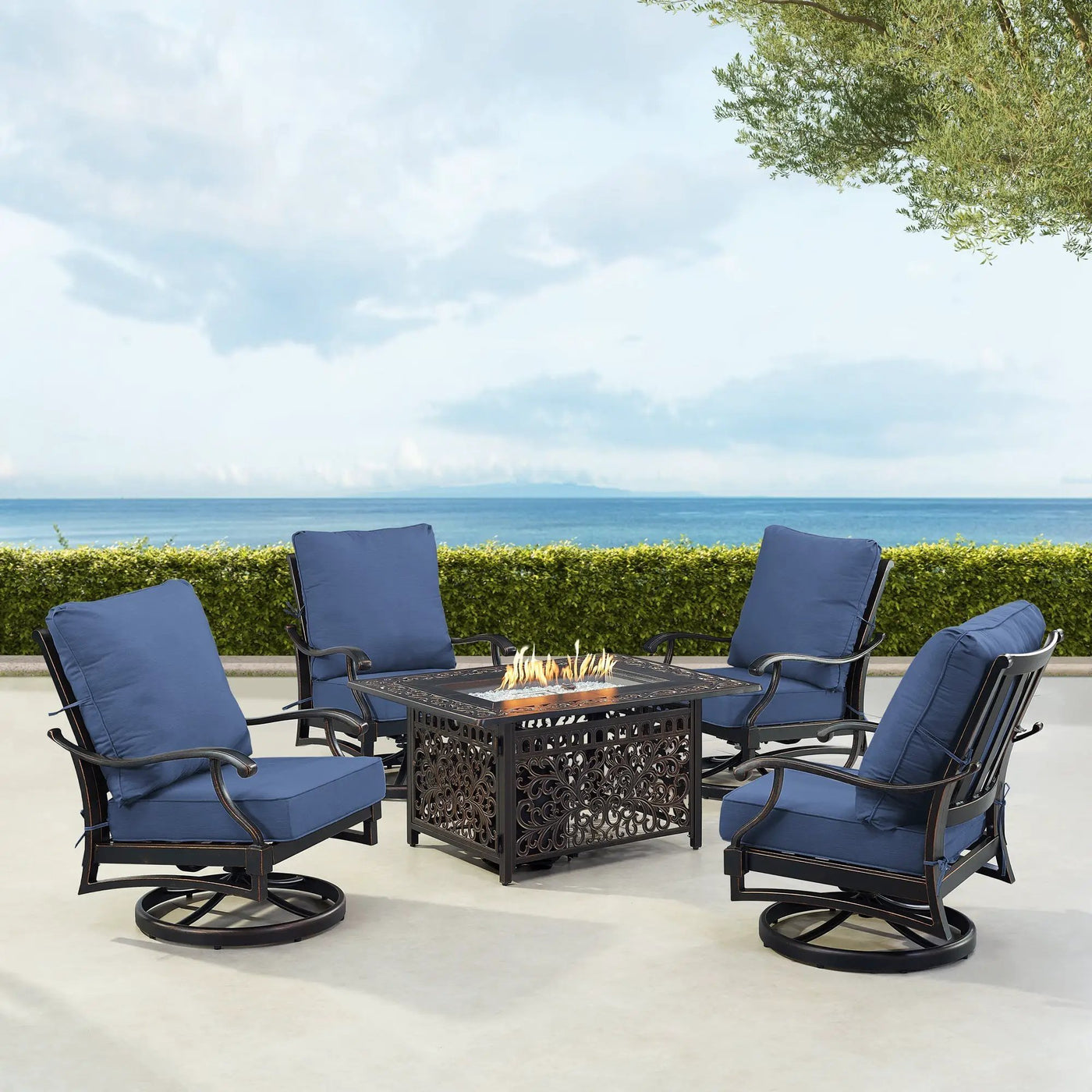 Black Aluminum Fire Table Set with Four Club Chairs by Sharicks