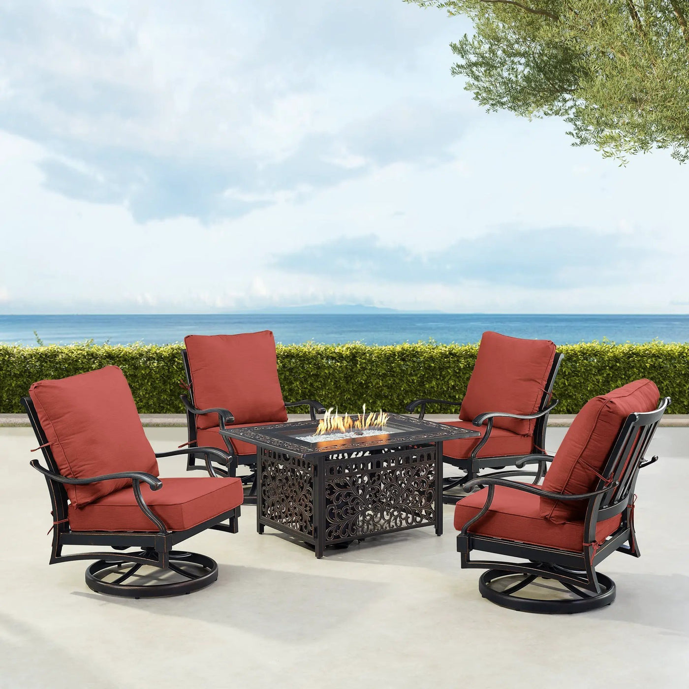 Black Aluminum Fire Table Set with Four Club Chairs by Sharicks