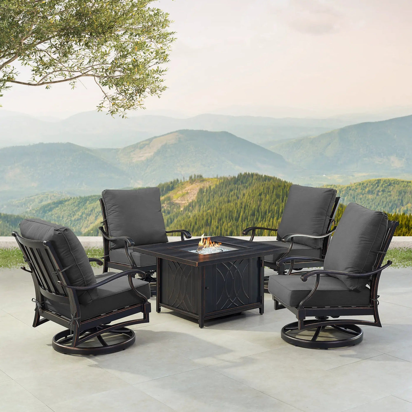 Black Aluminum Fire Table Set with Four Club Chairs by Sharicks