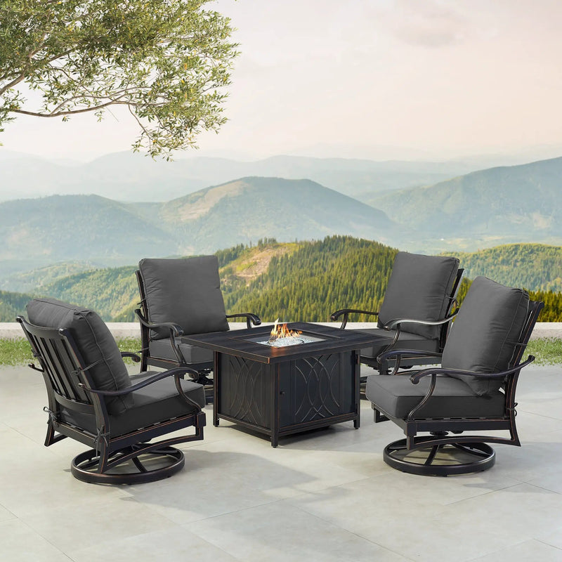 Black Aluminum Fire Table Set with Four Club Chairs by Sharicks