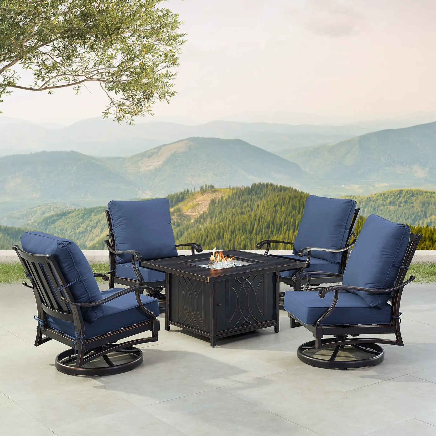 Black Aluminum Fire Table Set with Four Club Chairs by Sharicks