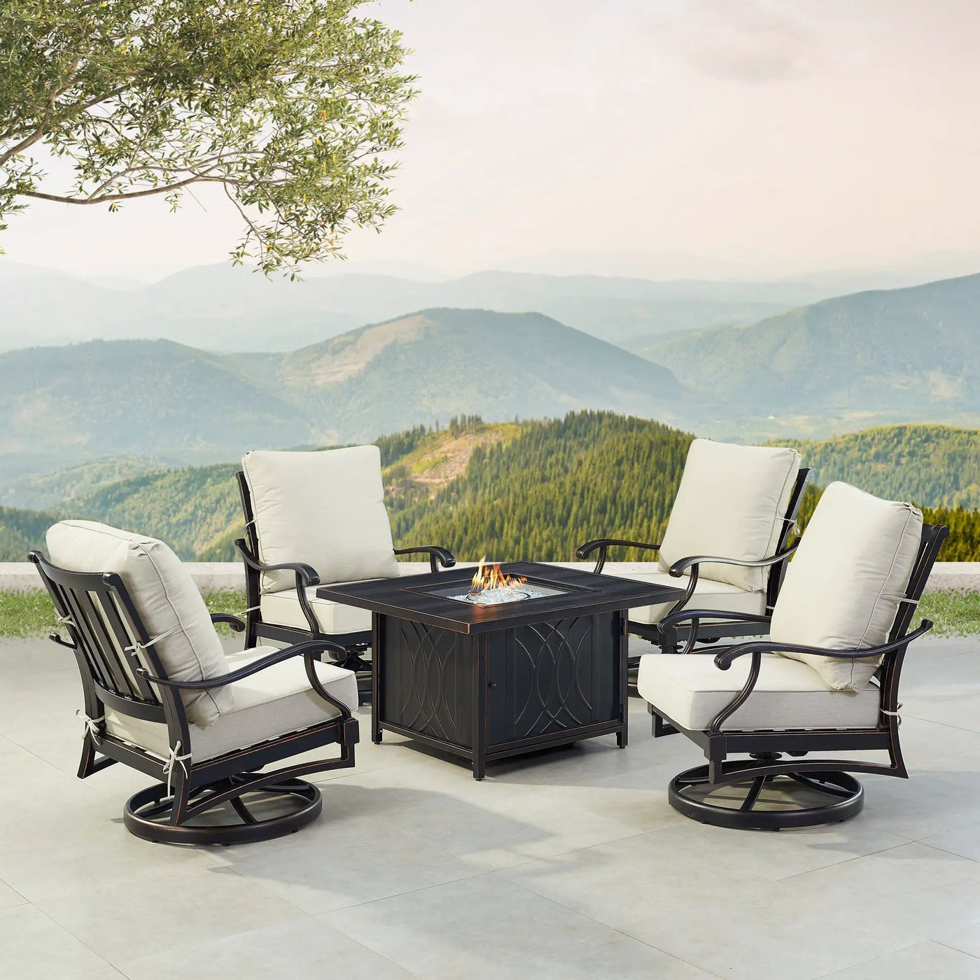 Black Aluminum Fire Table Set with Four Club Chairs by Sharicks