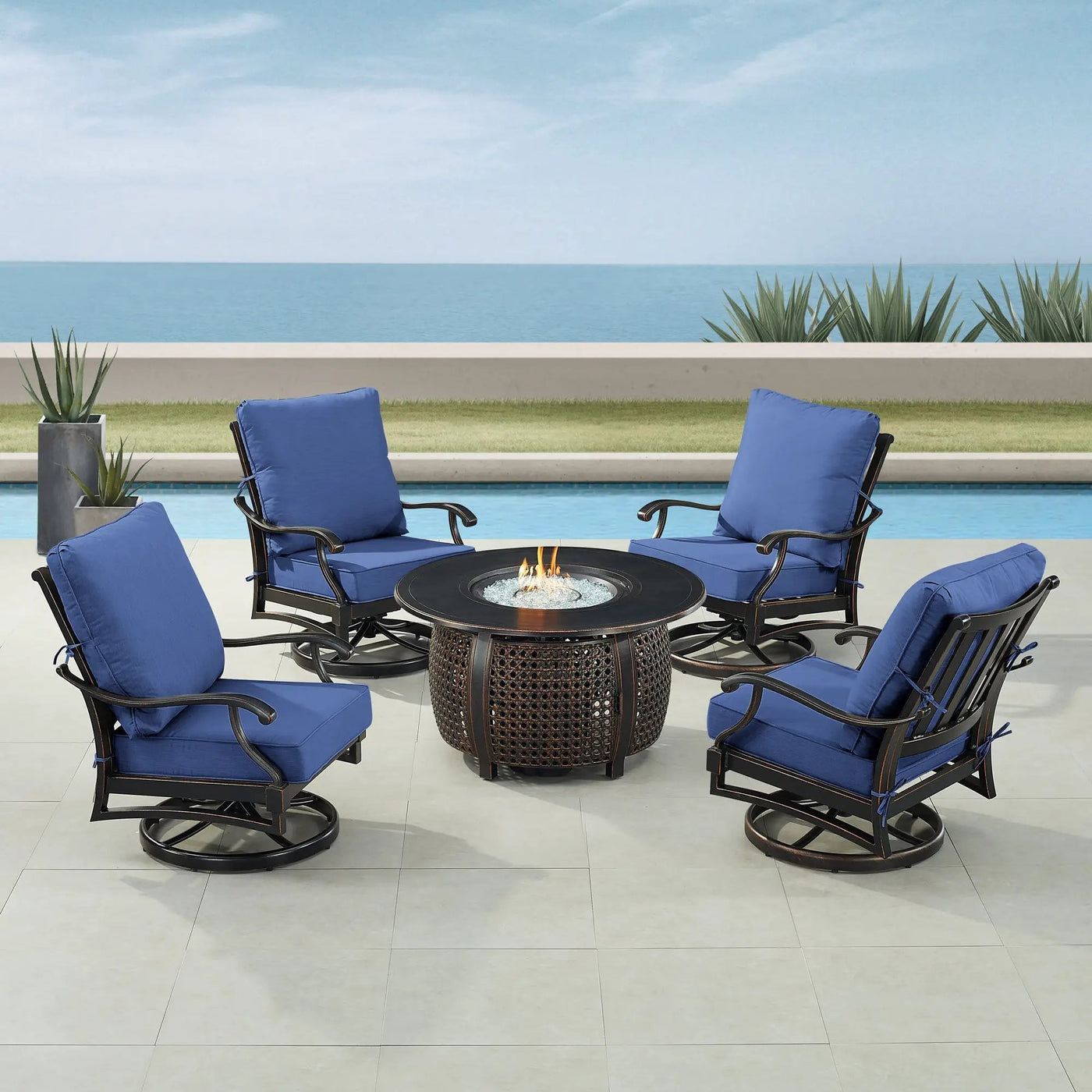 Black Aluminum Fire Table Set with Four Club Chairs by Sharicks