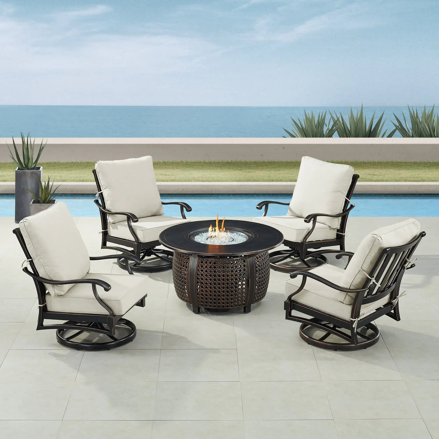 Black Aluminum Fire Table Set with Four Club Chairs by Sharicks