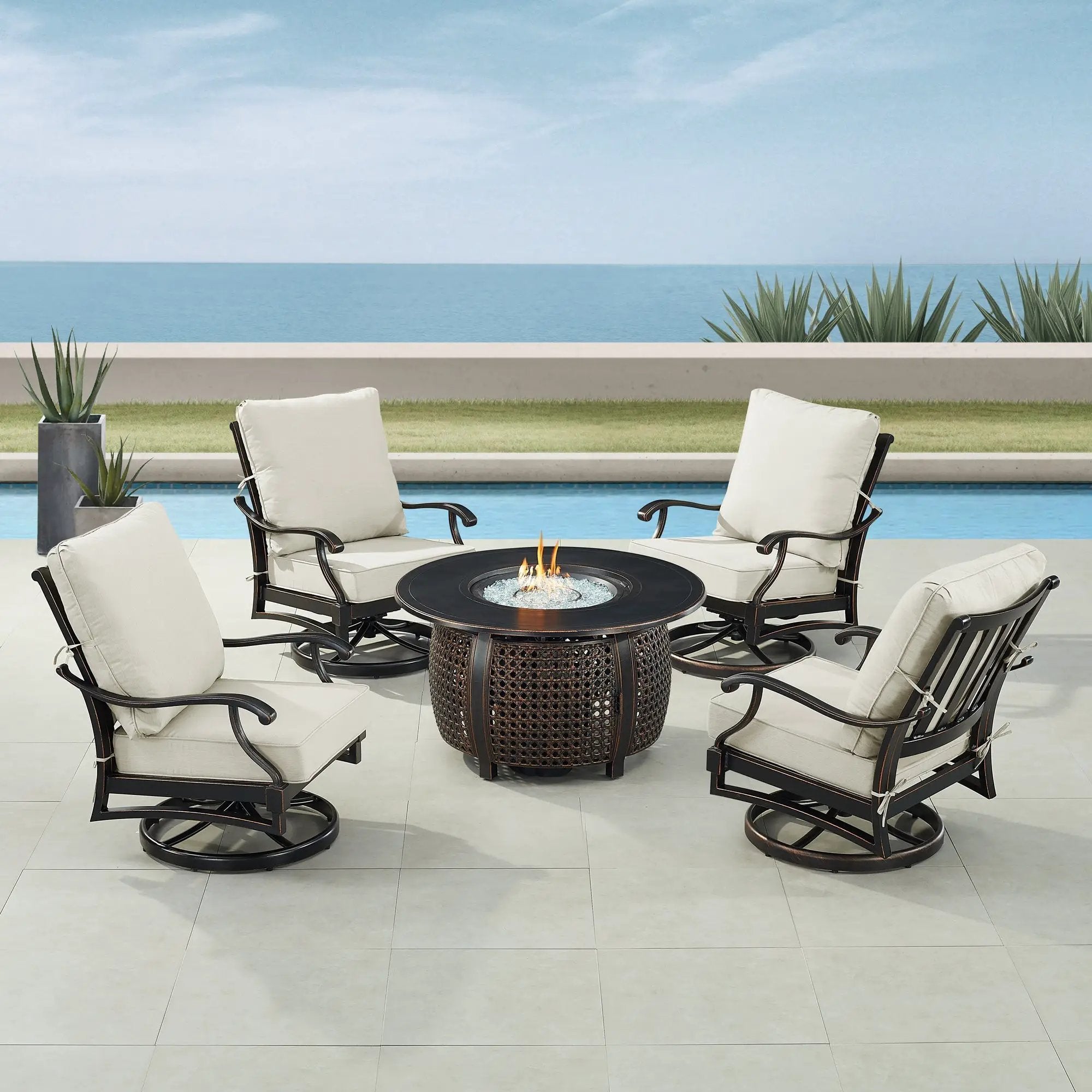 Black Aluminum Fire Table Set with Four Club Chairs by Sharicks