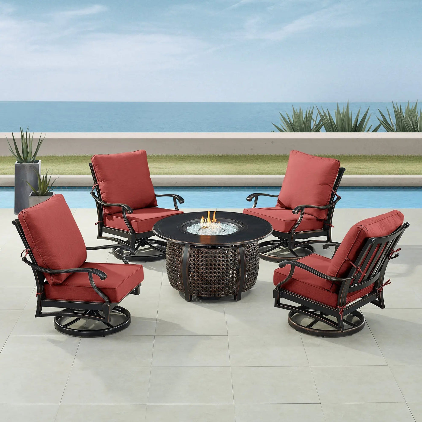 Black Aluminum Fire Table Set with Four Club Chairs by Sharicks