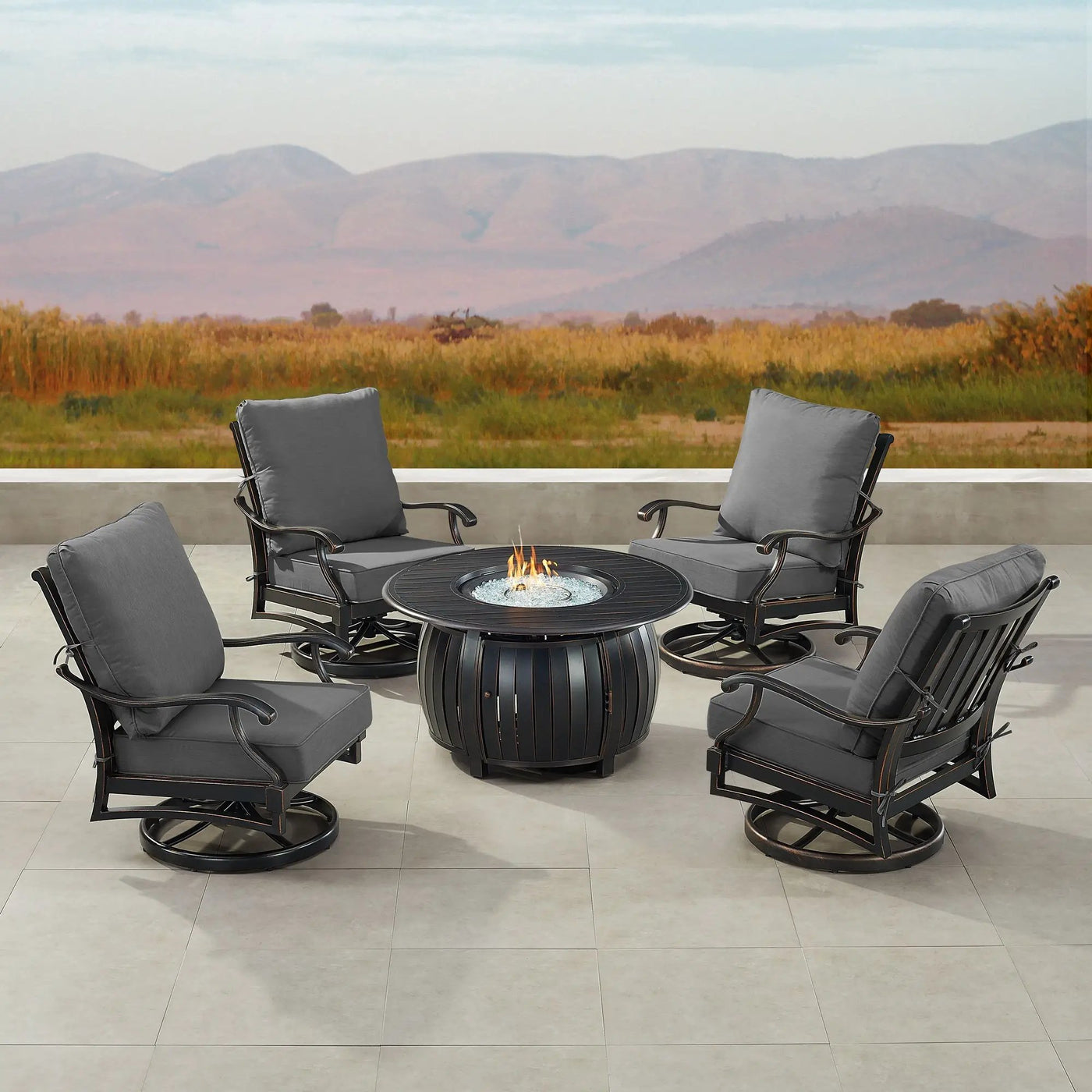 Black Aluminum Fire Table Set with Four Club Chairs by Sharicks