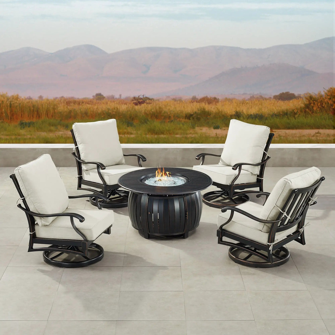 Black Aluminum Fire Table Set with Four Club Chairs by Sharicks